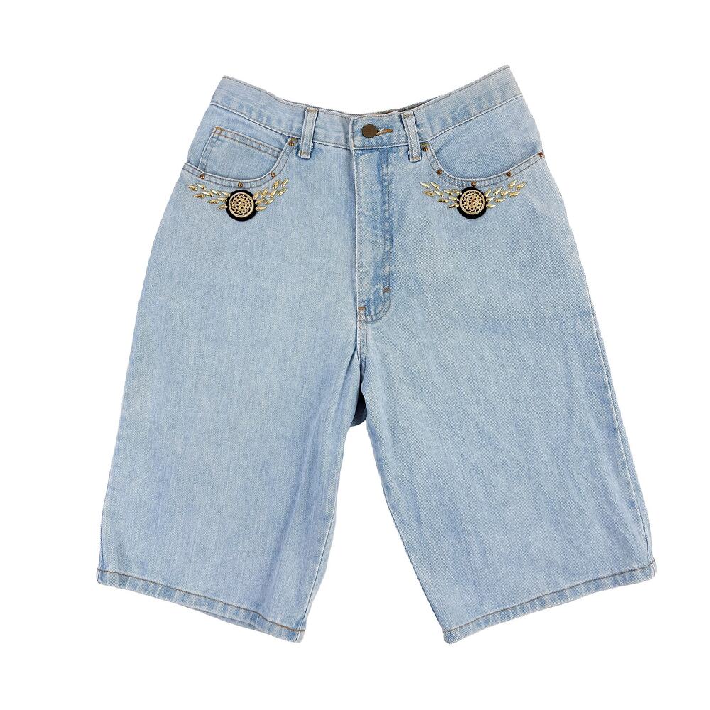 Y2K Candie’s Denim Jorts Shorts Women 27 Light Wash High Rise 90s Embellished